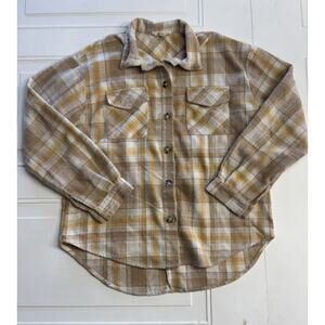 Pie In The Sky Women’s Oversized Medium Plaid Flannel Shirt Yellow Tan White